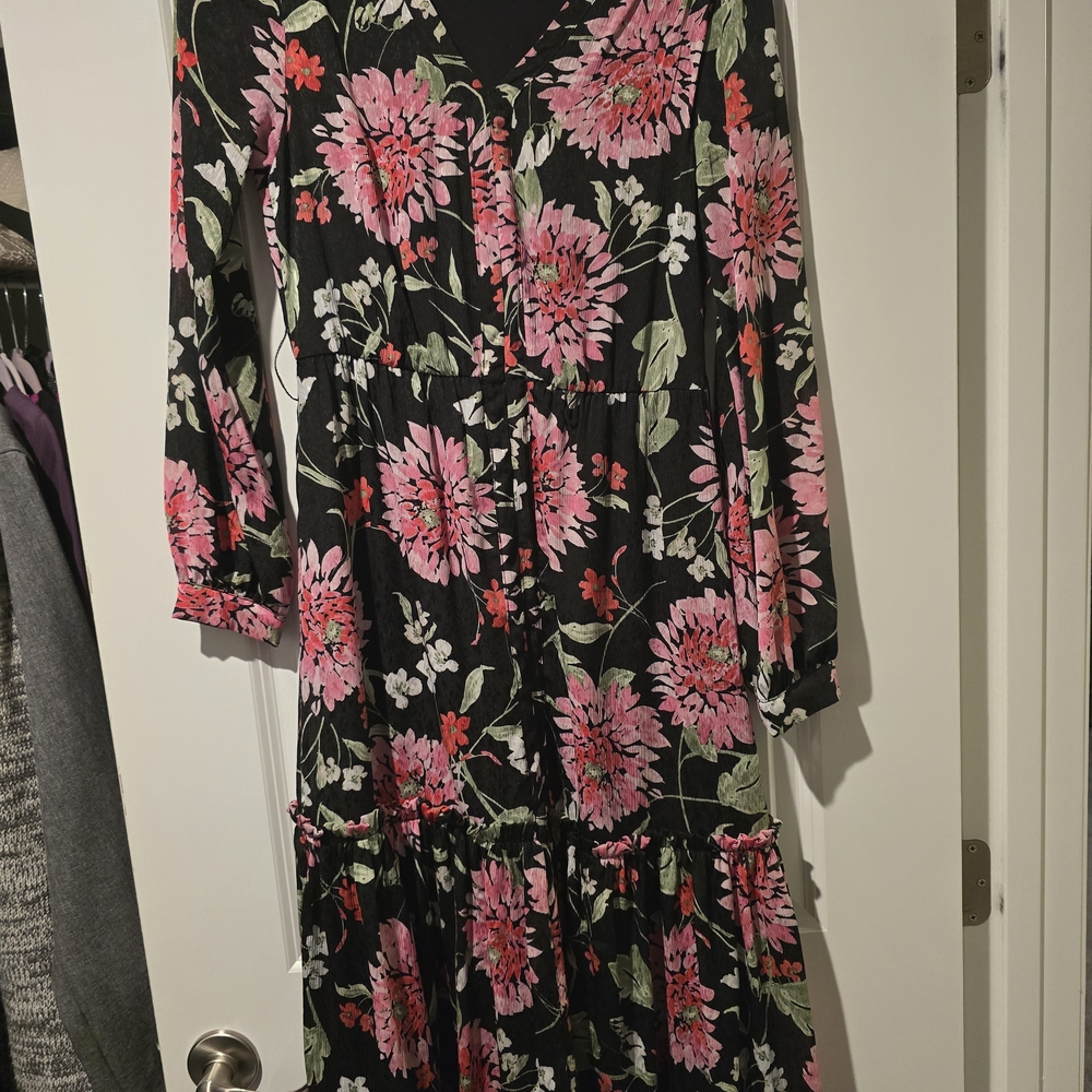 Draper James Black and Pink Floral Long Sleeve Dress